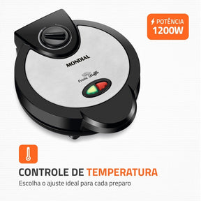 Máquina de fazer waffle com potência de 1200 watts e controle de temperatura.