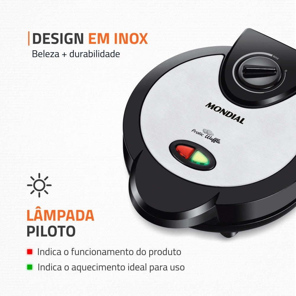 Máquina de fazer waffle com design em inox e lâmpada piloto que indica o funcionamento do produto.