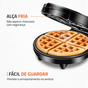 Máquina de fazer waffle com alça protetora que não esquenta durante o manuseio do produto proporcionando segurança.