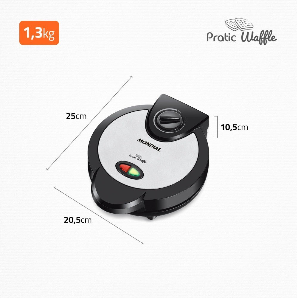 Máquina de fazer waffle com 25 centímetros de comprimento, 20.5 centímetros de largura e 10.5 centímetros de altura.