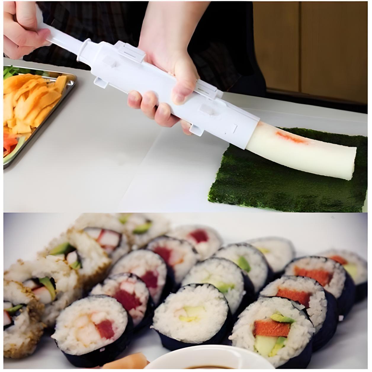 Imagem mostrando o Molde de Sushi sendo utilizado, com alguns sushis prontos