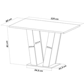 Imagem mostrando as medidas da mesa de jantar: 81 centímetros de altura; 80 centímetros de largura e 120 centímetros de comprimento.