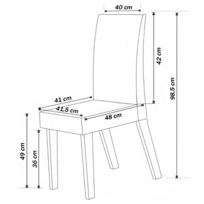 Imagem mostrando as dimensões da cadeira de jantar: 98,5 centímetros de altura; 40 centímetros de largura e 41 centímetros de comprimento.