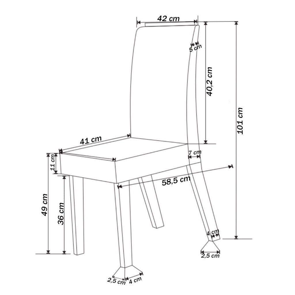 Imagem mostrando as dimensões da cadeira de jantar: 101 centímetros de altura; 42 centímetros de largura e 41 centímetros de comprimento.