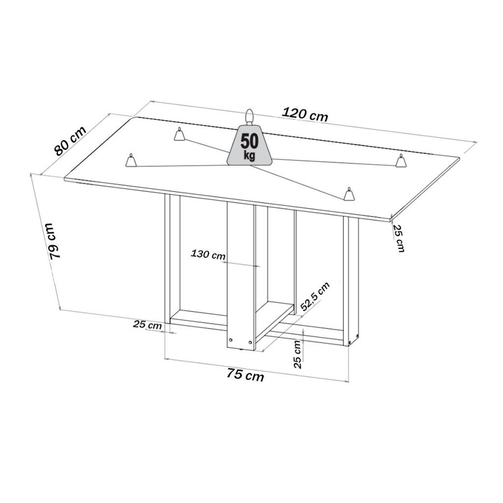 Imagem mostrando as medidas da mesa de jantar: 79 centímetros de altura; 80 centímetros de largura e 120 centímetros de comprimento.