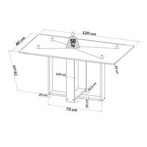 Imagem mostrando as medidas da mesa de jantar: 79 centímetros de altura; 80 centímetros de largura e 120 centímetros de comprimento.