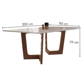 Imagem mostrando as dimensões da Mesa de Jantar: 79 centímetros de altura; 90 centímetros de largura e 200 centímetros de comprimento.