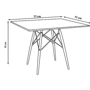 Imagem mostrando medidas da Mesa de Jantar Eiffel quadrada: 75 centímetros de altura; 77 centímetros de comprimento e 77 centímetros de largura.