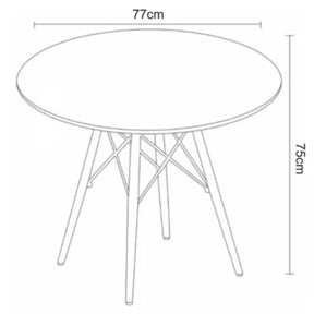 Imagem mostrando as medidas da Mesa de Jantar Eiffel Redonda: 77 centímetros de diâmetros e 75 centímetros de altura.