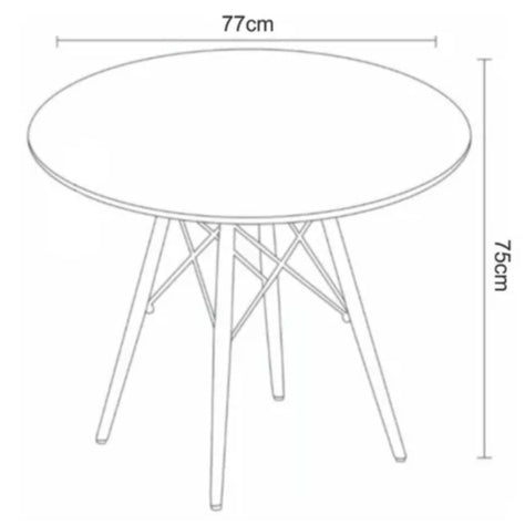 Imagem mostrando as medidas da Mesa de Jantar Eiffel Redonda: 77 centímetros de diâmetros e 75 centímetros de altura.