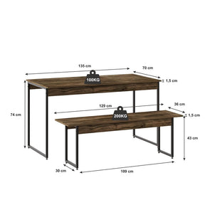 Imagem mostrando as dimensões da Mesa de Jantar com 1 Banco Estilo Industria. Mesa: 74 centímetros de altura; 70 centímetros de largura e 135 centímetros de comprimento. Banco: 43 centímetros de altura; 36 centímetros de largura e 129 centímetros de comprimento.