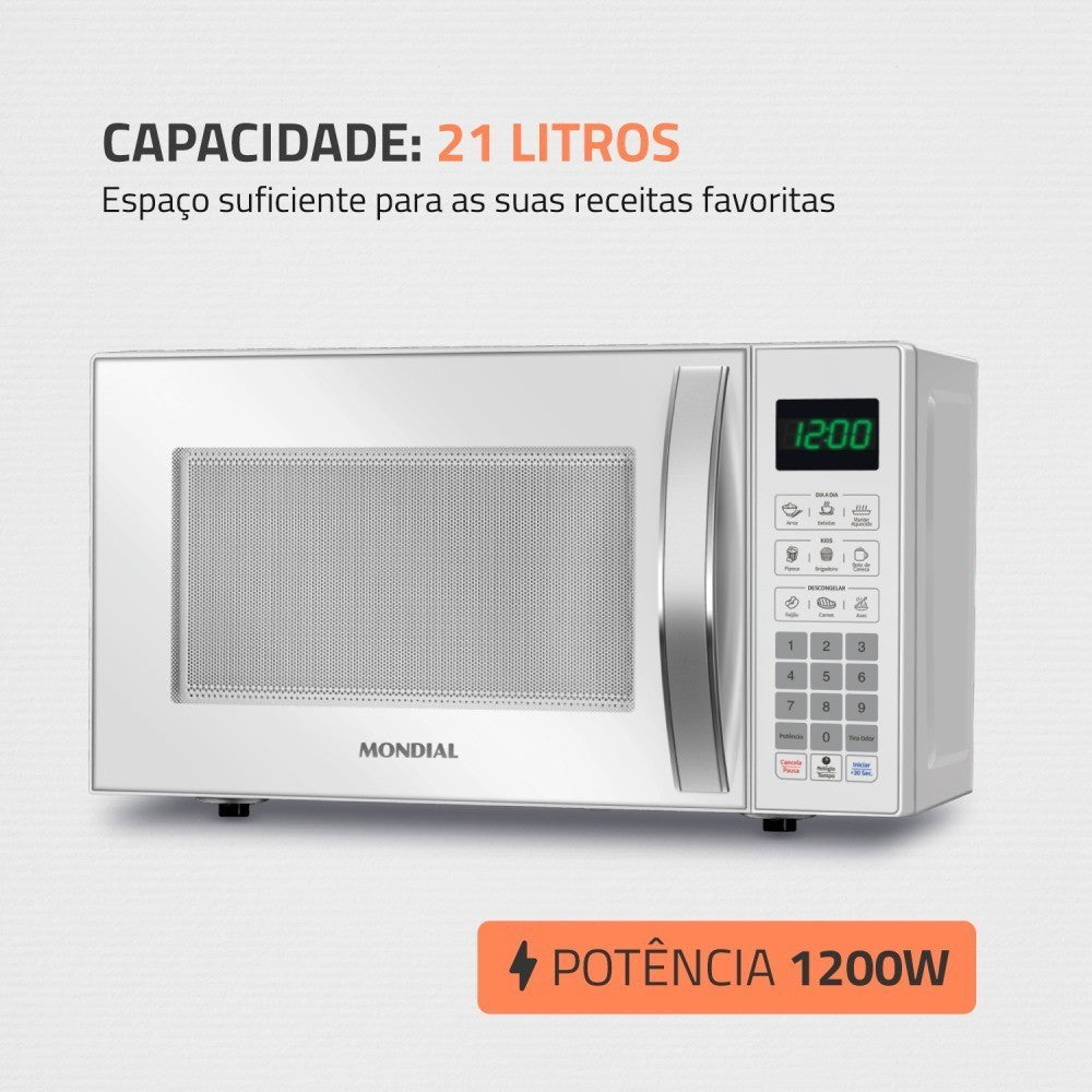 Imagem mostrando as características do Micro-ondas 21 Litros Mondial: Capacidade de 21 Litros; Potência de 1200 Watts.