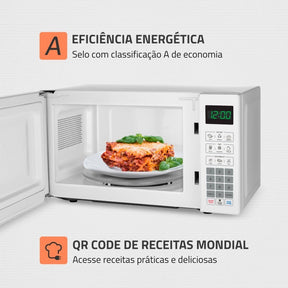 Imagem mostrando as características do Micro-ondas 21 Litros Mondial:  Eficiência energética; QR Code de receitas Mondial.