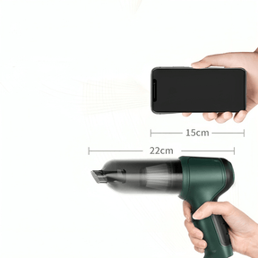 Mini aspirador portátil com função de soprador e aspirador de cor verde. Além disso é sem fio e carregamento via USB. O comprimento dele é de 22 centímetros, que significa ser um pouco maior do que um celular por exemplo que mede por volta de 15 centímetros de comprimento.