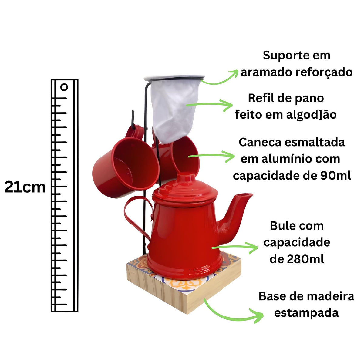 Imagem mostrando as caracterísitcas do Conjunto Mini Coador de Café com Bule e 2 Canecas 90ml.