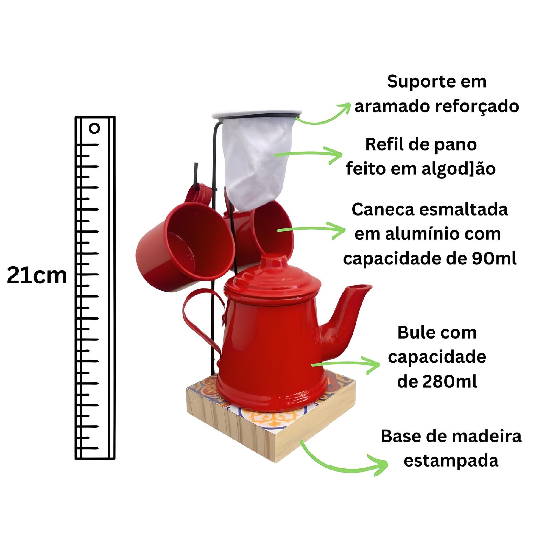 Imagem mostrando as caracterísitcas do Conjunto Mini Coador de Café com Bule e 2 Canecas 90ml.