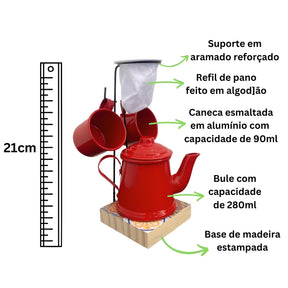 Imagem mostrando as caracterísitcas do Conjunto Mini Coador de Café com Bule e 2 Canecas 90ml.