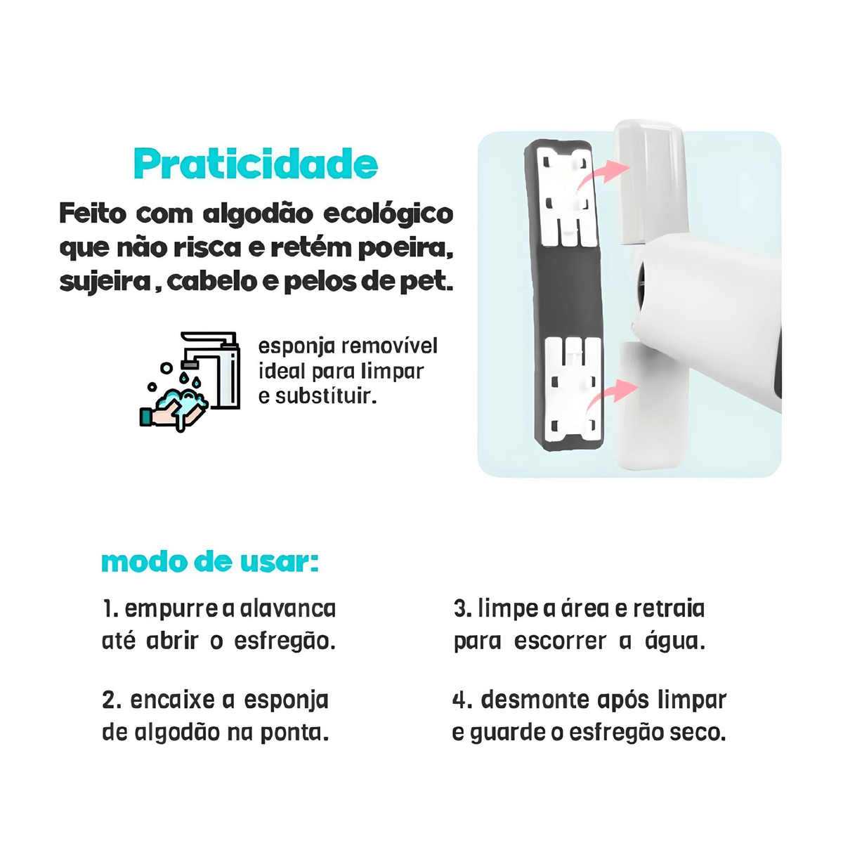 Mini esfregão com função de torção automática para enxugar. Modo de usar é simples e fácil.