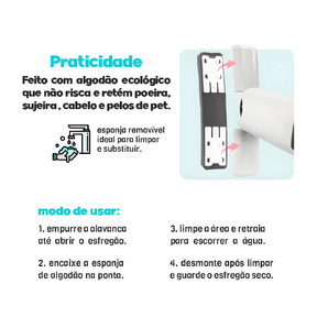 Mini esfregão com função de torção automática para enxugar. Modo de usar é simples e fácil.