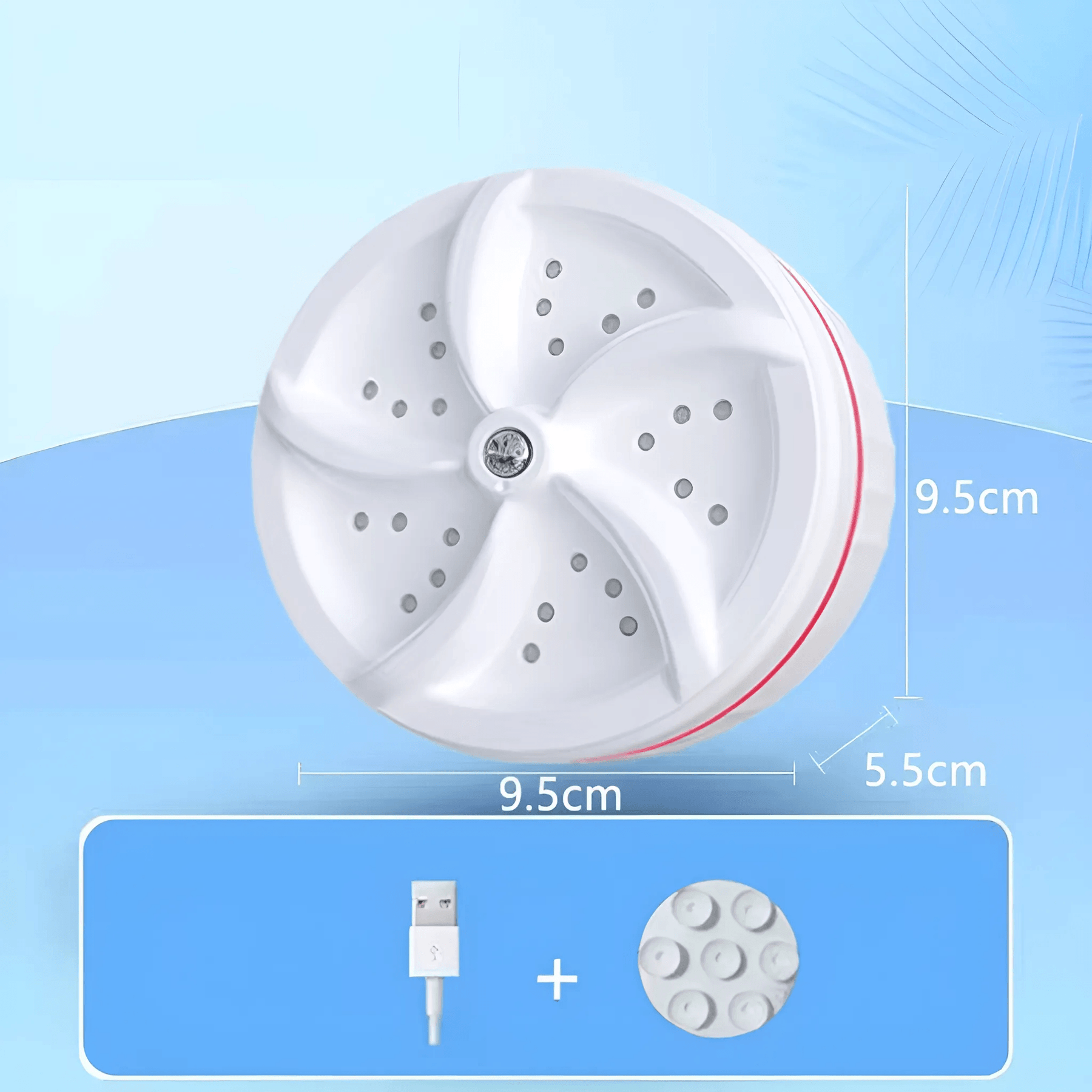 Dimensões da mini máquina de lavar roupas com 9,5 centímetros de diâmetro e 5,5 centímetros de espessura.