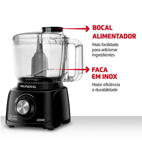 Imagem mostrando as características do Mini Processador de Alimentos Mondial: Bocal alimentador; Faca em Inox.