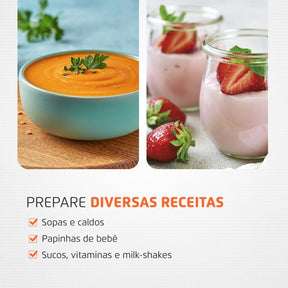 Imagem mostrando as características do Mixer Elétrico Mondial: Prepara diversas receitas.