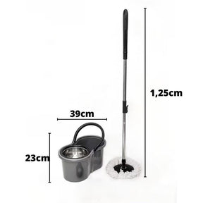 mop com centrífuga inox com balde de 23 centimetros de altura e cabo de 125 centimetros de comprimento