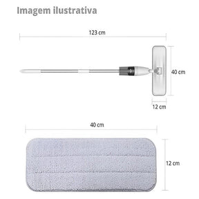 Dimensão do mop spray com reservatório e rodo de limpeza com cabo de 123 centímetros de comprimento e pano de microfibra com 40 centímetros de largura e 12 centímetros de altura