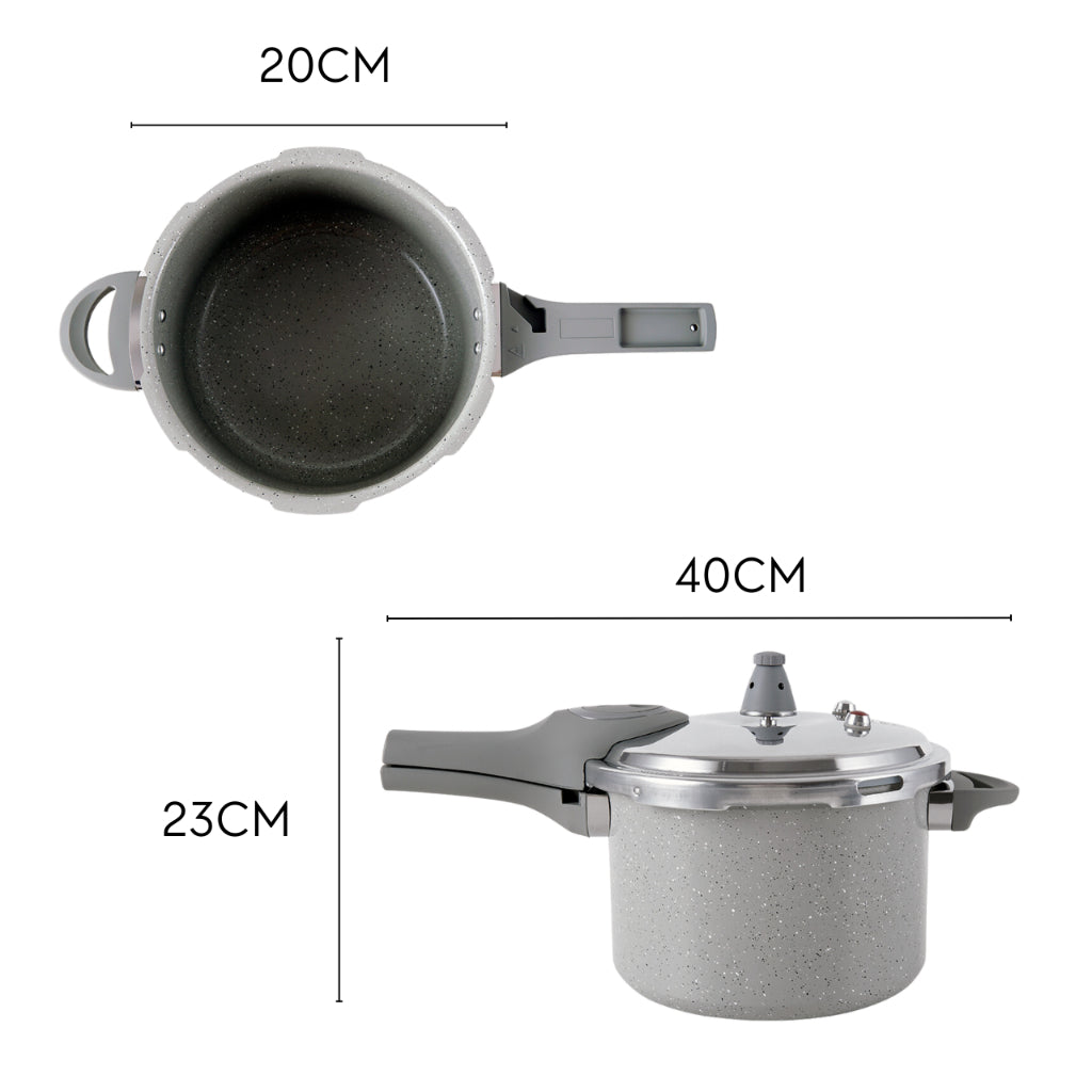 Imagem mostrando as dimensões da Panela de Pressão Com Indução Pressure Brinox 4,2 L: 20 centímetros de diâmetro; 23 centímetros de altura; Tampa: 40 centímetros de comprimento.