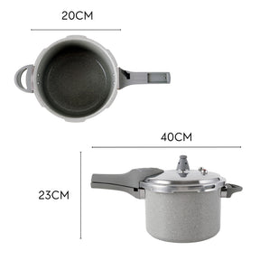 Imagem mostrando as dimensões da Panela de Pressão Com Indução Pressure Brinox 4,2 L: 20 centímetros de diâmetro; 23 centímetros de altura; Tampa: 40 centímetros de comprimento.