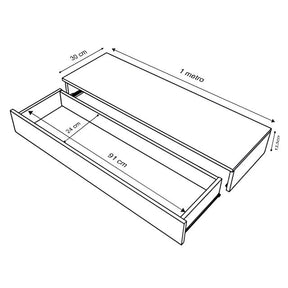 Imagem mostrando as dimensões da Penteadeira Suspensa Com Gaveta: 1 metro de comprimento; 30 centímetros de largura fechada; 13,5 centímetros de altura. Gaveta: 91 centímetros de comprimento e 24 centímetros de largura.