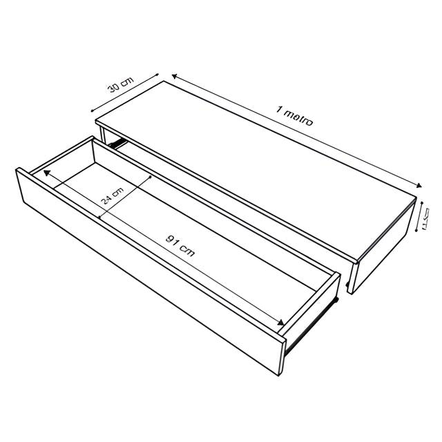 Imagem mostrando as dimensões da Penteadeira Suspensa Com Gaveta: 1 metro de comprimento; 30 centímetros de largura fechada; 13,5 centímetros de altura. Gaveta: 91 centímetros de comprimento e 24 centímetros de largura.