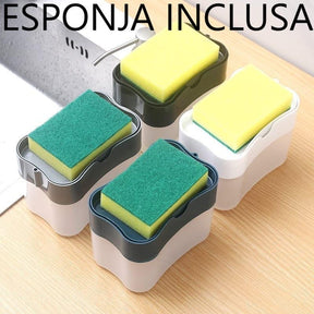 Porta detergente com suporte para esponja que ao pressionar para baixo o dispositivo libera a quantidade suficiente de detergente que precisa para limpar suas louças. As disponibilidades de cores são preto, cinza e branco