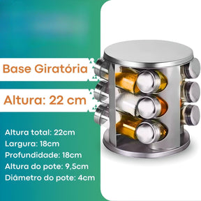 Imagem mostrando as especificações do Porta Tempero Giratório Inox com 12 Potes: Base giratória; Altura de 22 centímetros; Largura e Profundidade de 18 centímetros; Altura dos potes de 9,5 centímetros e Diâmetro dos potes de 4 centímetros.