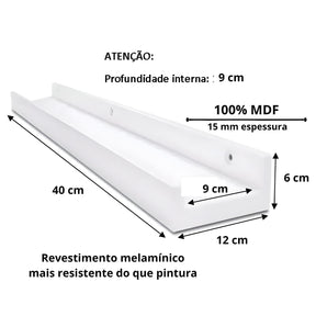 Imagem da Prateleira Canaleta Suspensa de 40 centímetros de comprimento; 12 centímetros de largura e 6 centímetros de altura