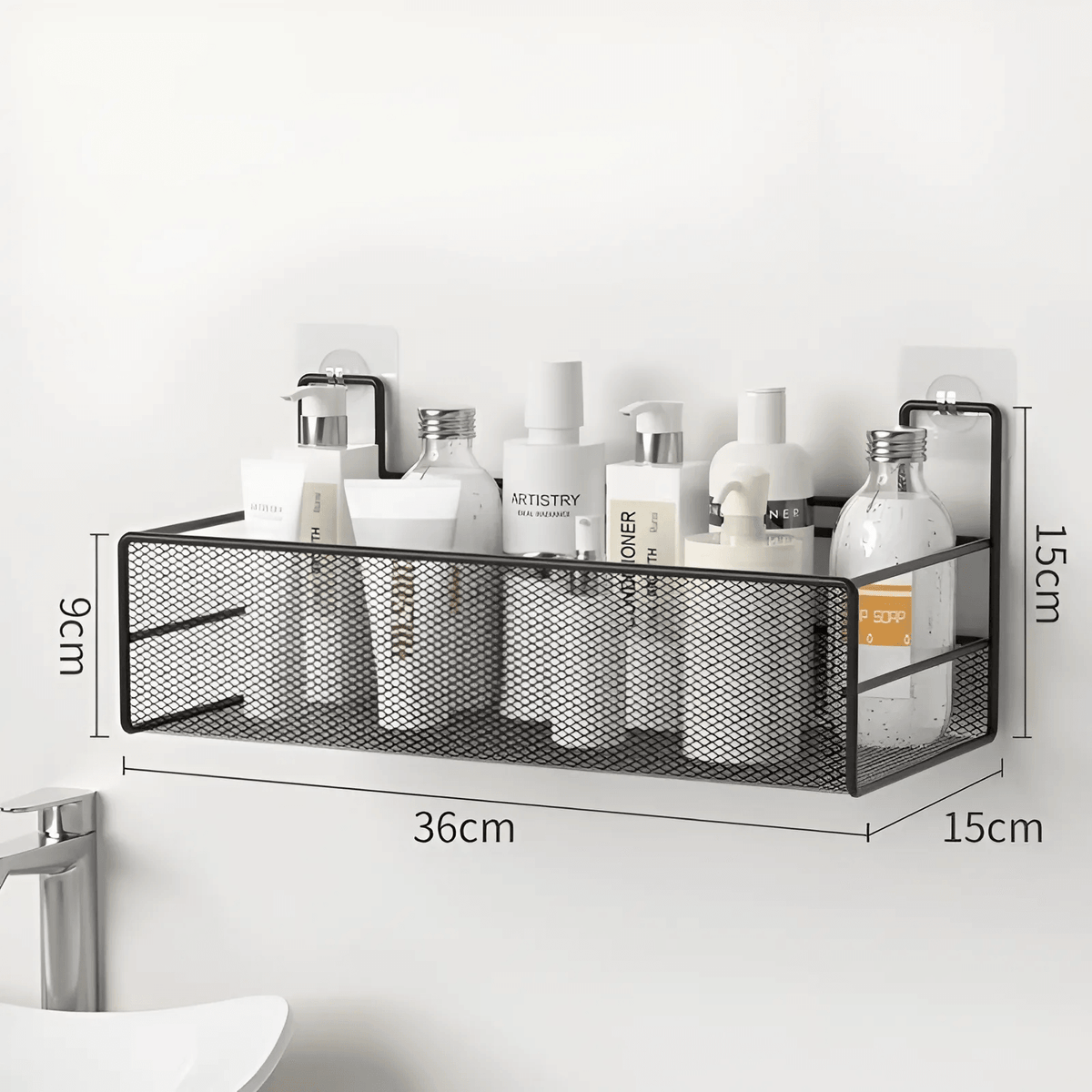Prateleira pendurada na parede de banheiro ou cozinha de formato retangular de cor preta para organizar sabão e shampoo, sem necessidade de furar a parede