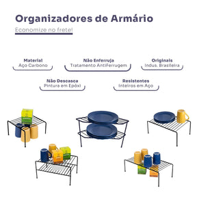 Imagem mostrando as especificações das Prateleiras Organizadoras de Armário. Material de Aço carbono; Não Enferruja; Não descasca; Originais e Resistentes.