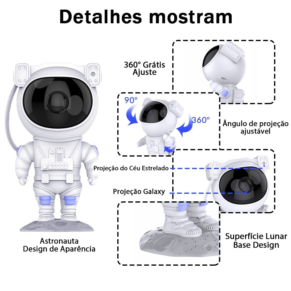 Imagem mostrando as características do Projetor de Luz Noturna de Astronauta com Bluetooth.