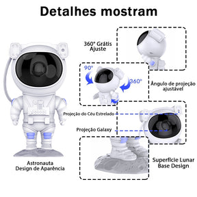 Imagem mostrando as características do Projetor de Luz Noturna de Astronauta com Bluetooth.