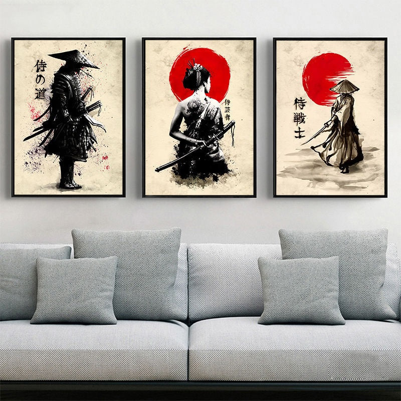 Imagem ambientada do Kit 3 Quadros Japonês Samurai 40x60cm.