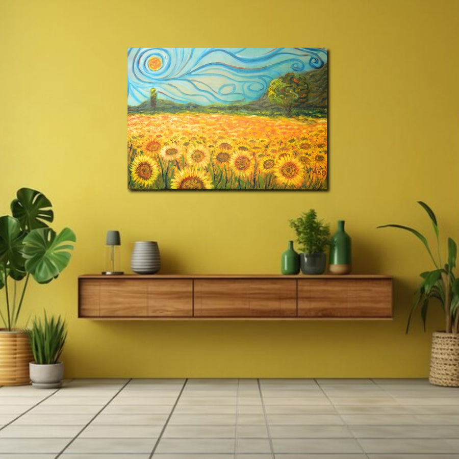 Imagem ambientada do Quadro Tela Acetinada Van Gogh Campo de Girassois.