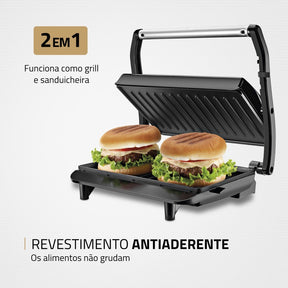 Imagem mostrando as características da Sanduicheira e Grill Antiaderente inox Mondial.