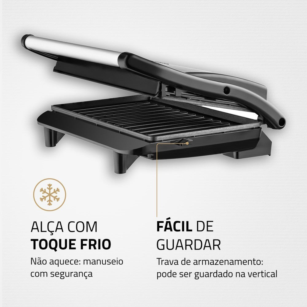 Imagem mostrando as características da Sanduicheira e Grill Antiaderente inox Mondial.