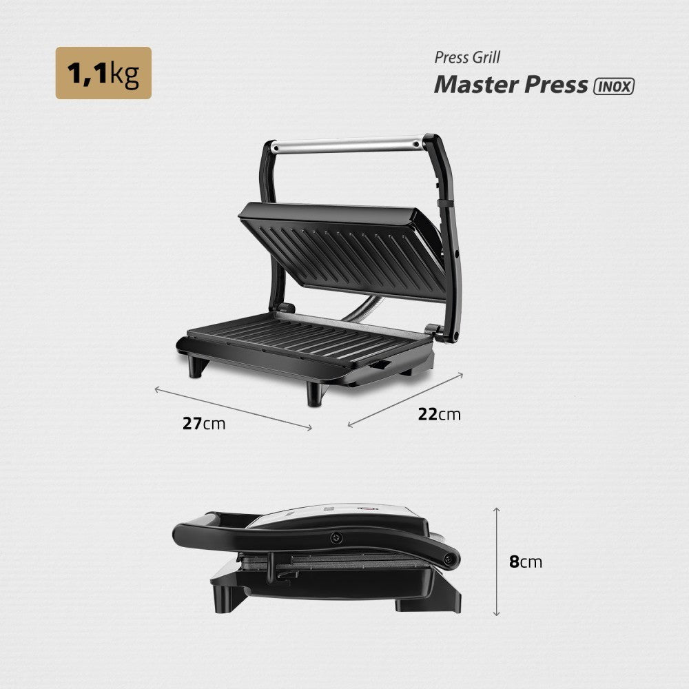 Imagem mostrando as medidas da Sanduicheira e Grill Antiaderente inox Mondial.