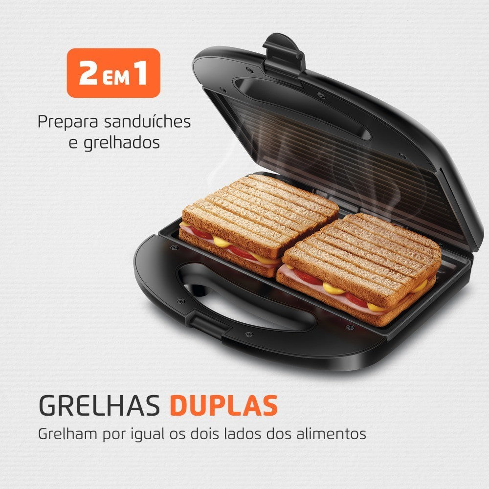 Imagem mostrando a versatilidade da Sanduicheira Grill Antiaderente Mondial; 2 em 1 pepara sanduíches e grelhados; possui grelha duplas, grelham igual os dois lados.