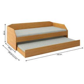 Imagem mostrando as medidas do Sofá Cama Fender 2 Lugares com Cama Auxiliar, aberto. 66 centímetros de altura; 94 centímetros de largura fechado e 185 centímetros de largura aberto; 193 centímetros de comprimento.