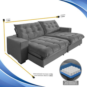 Imagem mostrando as dimensões do Sofá Retrátil Califórnia com Molas Ensacadas: 1 metro de altura; 2,30 metros de largura; 1,15 metros de profundidade fechado e 1,80 metros de profundidade aberto.