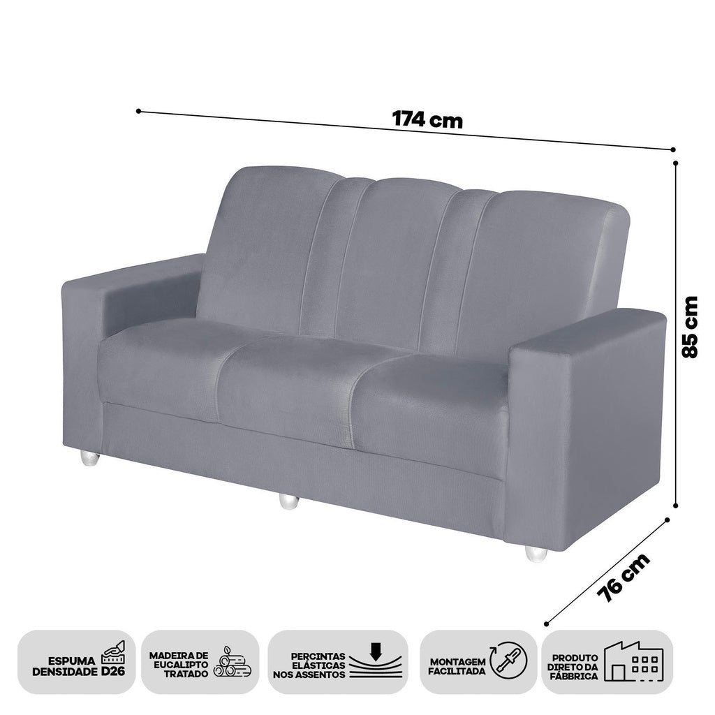 Imagem mostrando as medidas do Sofá Roma 3 lugares Camurça: 174 centímetros de comprimento; 85 centímetros de altura; 76 centímetros de largura. 