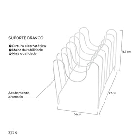 Imagem mostrando as especificações do Organizador de Tampas Aramado na cor branca. Feito com pintura eltrostática, que garante maior qualidade e durabilidade. Seu acabamento é aramado e suas dimensões são: 14 centímetros de largura; 27 centímetros de comprimento e 16.5 centímetros de altura.