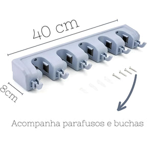 Imagem mostrando as medidas do Suporte para Vassouras e Rodos: 40 centímetros de comprimento, 8 centímetros de largura.